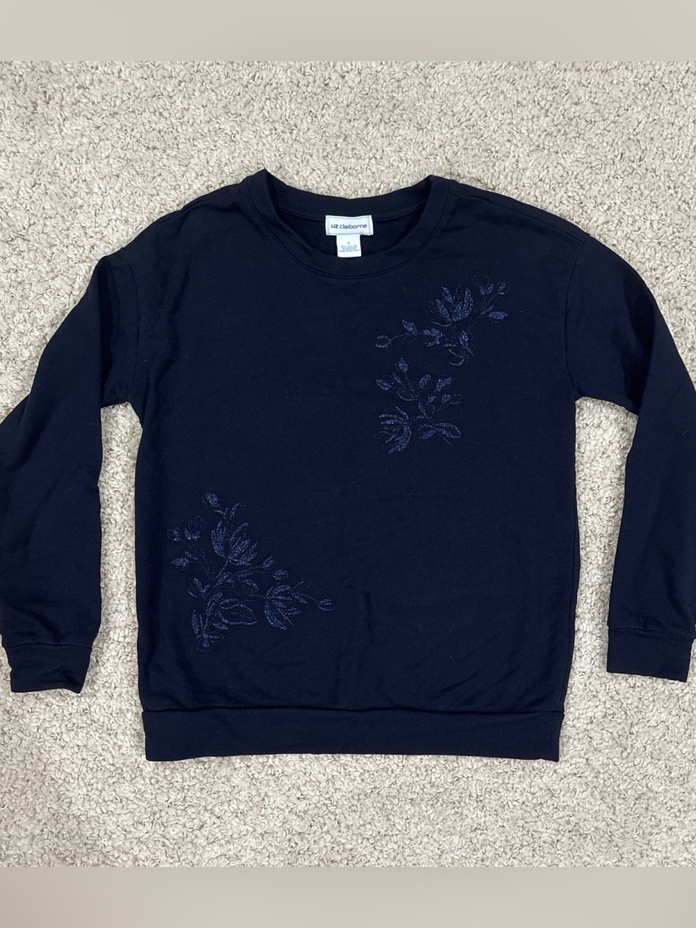Liz Claiborne Women’s Small Floral Navy Embroidered Flower Crewneck Sweatshirt